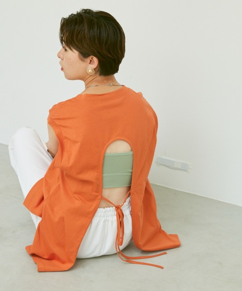 Happy John（ハッピージョン）の「back open french Tee/バックオープンフレンチT（Tシャツ/カットソー・レディース・ホワイト/カーキ/オレンジ/グリーン・FREE）」の4枚目の写真