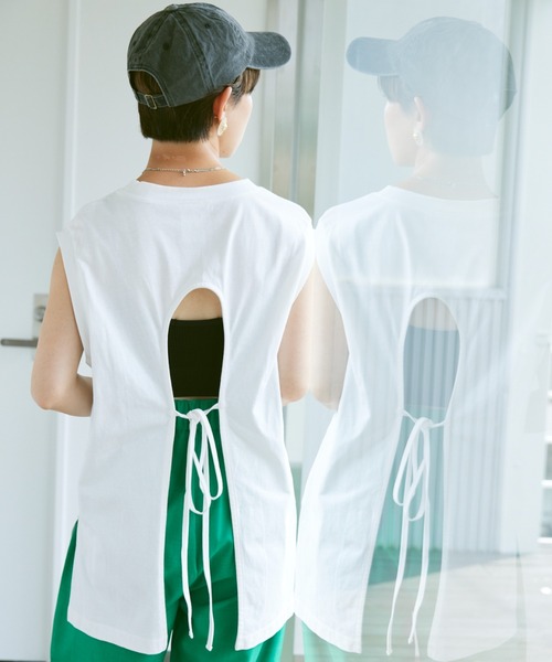 Happy John（ハッピージョン）の「back open french Tee/バックオープンフレンチT（Tシャツ/カットソー・レディース・ホワイト/カーキ/オレンジ/グリーン・FREE）」の6枚目の写真
