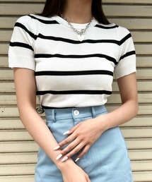 ボーダー半袖ニットトップス
