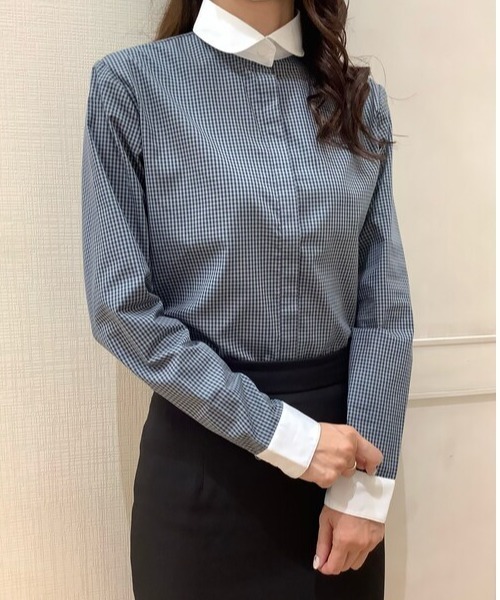 TOKYO SHIRTS(トウキョウシャツ)の「形態安定ノーアイロン ラウンド衿 長袖ビジネスワイシャツ(ビジネスシャツ・レディース・ダークネイビー・S/M/L/LL)」の1枚目の写真