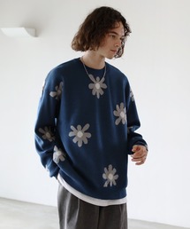Buyer's Select/ビックシルエットフラワー柄ダブルジャガードクルーニット