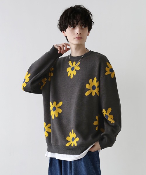 ASTRONOMY(アストロノミー)の「Buyer's Select/ビックシルエットフラワー柄ダブルジャガードクルーニット(ニット/セーター・メンズ・キナリ/ブルー/グレー/ネイビー/チャコール・M/L)」の3枚目の写真
