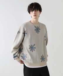 Buyer's Select/ビックシルエットフラワー柄ダブルジャガードクルーニット