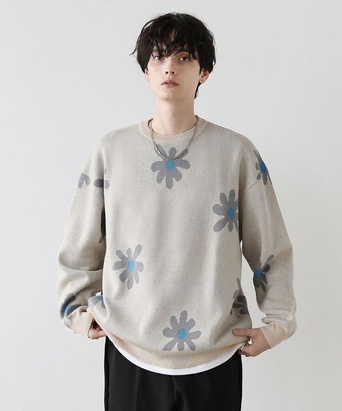 Buyer's Select/ビックシルエットフラワー柄ダブルジャガードクルー