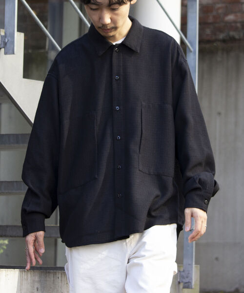 GLOSTER（グロスター）の「【GLOSTER/グロスター】パナマツイードミリタリービッグシャツ ドロップショルダー（シャツ/ブラウス・メンズ・キナリ/ブラウン/ブラック・S/M/L）」の3枚目の写真