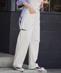 フラワー刺繍クラッシュワイドデニム