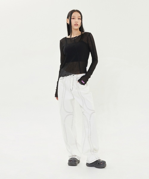 TARGETTO(ターゲット)の「【TARGETTO 】カット アウト シースルー ロング スリーブ Tシャツ / CUT OUT SEE THROUGH LONG SLEEVE TEE SHIRT(Tシャツ/カットソー・レディース・ライトグレー/ブラック・FREE)」の3枚目の写真