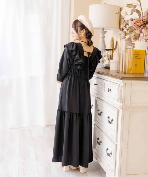 バックリボンVフリルロングワンピース