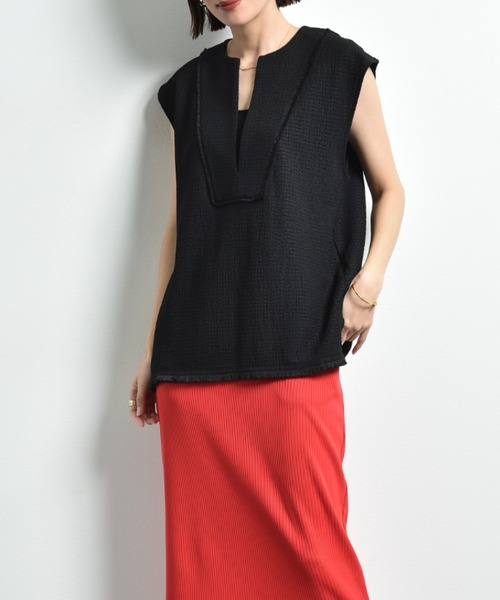 INTERPLANET（インタープラネット）の「フィールド柄ヨークフリンジベスト（ベスト・レディース・ナチュラル/ブラック/イエロー・FREE）」の2枚目の写真