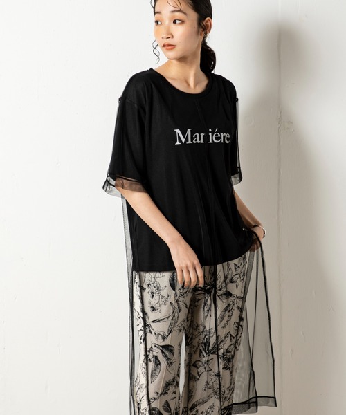 MILLION CARATS(ミリオンカラッツ)の「ロゴTシャツに大きくはみ出たチュールチュールを重ねたレイヤードサイドスリットトップス(Tシャツ/カットソー・レディース・カーキ/ブラック・FREE)」の2枚目の写真