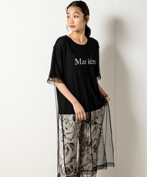 MILLION CARATS(ミリオンカラッツ)の「ロゴTシャツに大きくはみ出たチュールチュールを重ねたレイヤードサイドスリットトップス(Tシャツ/カットソー・レディース・カーキ/ブラック・FREE)」の3枚目の写真
