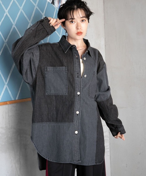 RAGEBLUE（レイジブルー）の「キリカエBIGデニムシャツ（シャツ/ブラウス・レディース・ブラック/ブルー・FREE）」の6枚目の写真