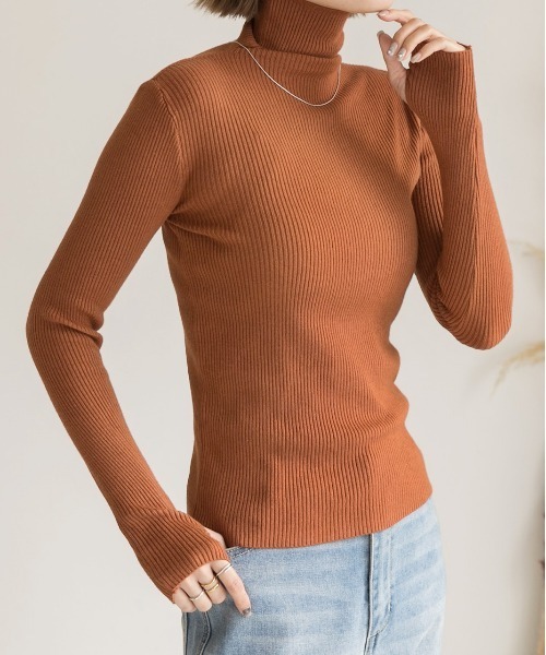 ad thie(アドティエ)の「サムホールデザイン ベーシックハイネックニット(ニット/セーター・レディース・グリーン/ブラウン/グレー/オフホワイト/ブラック・FREE)」の1枚目の写真