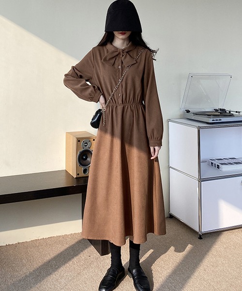 SHEPP(シープ)の「リボンタイ ボリュームスリーブ ワンピース(ワンピース・レディース・ブラウン/ブラック・XL/L)」の7枚目の写真