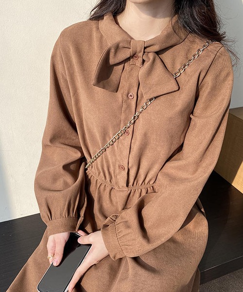 SHEPP(シープ)の「リボンタイ ボリュームスリーブ ワンピース(ワンピース・レディース・ブラウン/ブラック・XL/L)」の9枚目の写真