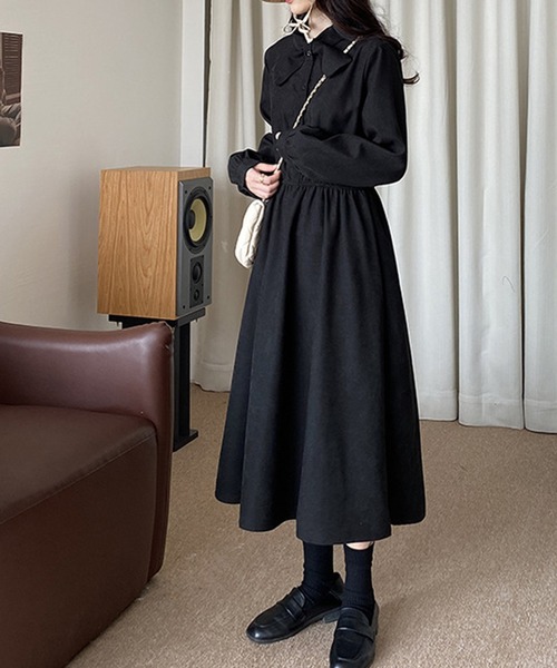 SHEPP(シープ)の「リボンタイ ボリュームスリーブ ワンピース(ワンピース・レディース・ブラウン/ブラック・XL/L)」の3枚目の写真