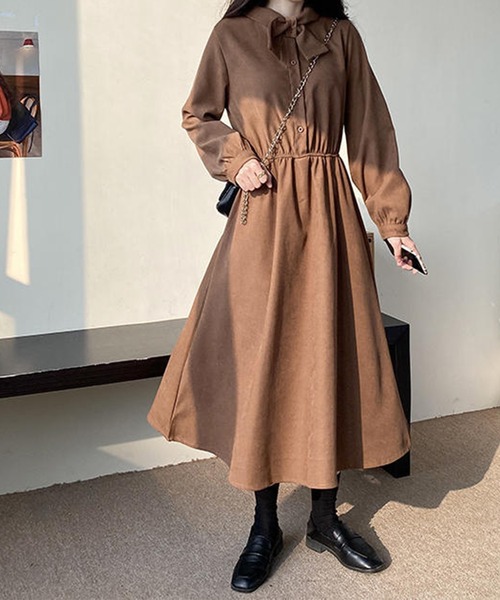 SHEPP(シープ)の「リボンタイ ボリュームスリーブ ワンピース(ワンピース・レディース・ブラウン/ブラック・XL/L)」の4枚目の写真