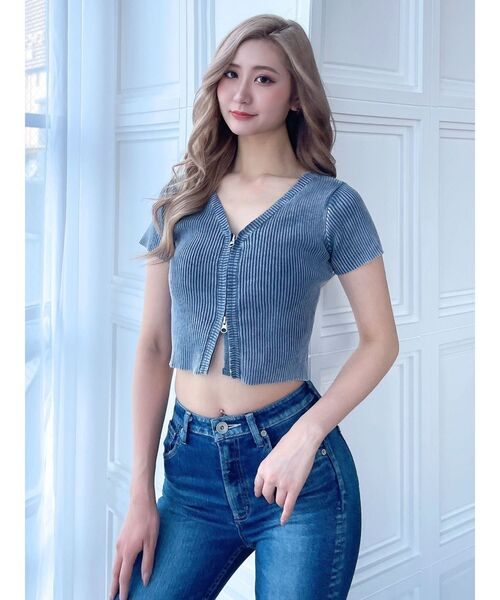 GYDA（ジェイダ）の「ハーフスリーブブリーチ Wファスナーリブニットトップス（Tシャツ/カットソー・レディース・ネイビー/ベージュ/オフホワイト・FREE）」の5枚目の写真