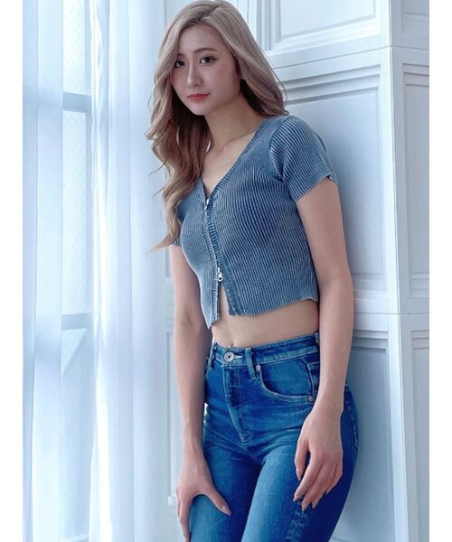 GYDA（ジェイダ）の「ハーフスリーブブリーチ Wファスナーリブニットトップス（Tシャツ/カットソー・レディース・ネイビー/ベージュ/オフホワイト・FREE）」の7枚目の写真