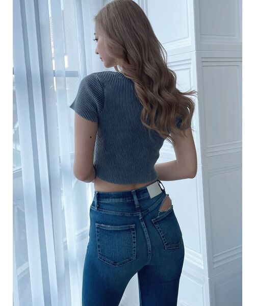 GYDA（ジェイダ）の「ハーフスリーブブリーチ Wファスナーリブニットトップス（Tシャツ/カットソー・レディース・ネイビー/ベージュ/オフホワイト・FREE）」の8枚目の写真