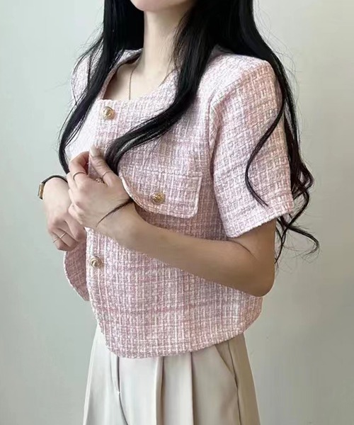 ノーカラー ツイード風 シャギー ジャケット アウター 袖あり 長袖 萌袖 Uネック クルーネック 襟なし もこもこ 前開き パイピング パール かわいい 大人可愛い きれいめ シンプル カジュアル 大人 上品 おしゃれ 大人女子 こなれ感 ラブリー キュート クール モード系 ノーカラー ツイード風 シャギー ジャケット アウター 袖あり 長袖 萌