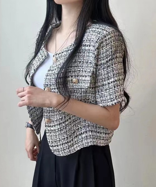 Twinkle;pm（トゥインクルピーエム）の「ノーカラー半袖ツイード