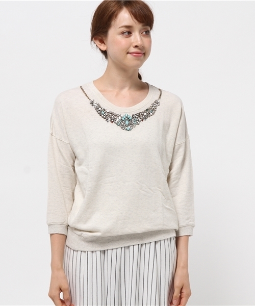 OUTLET(アウトレット)の「【CAPRICIEUX LE'MAGE】ビジューミニ裏毛プルオーバー(Tシャツ/カットソー・レディース・グレー/オフホワイト・FREE)」の3枚目の写真