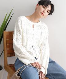 ◆クロッシェ編み風コットンニットカーディガン【洗える】