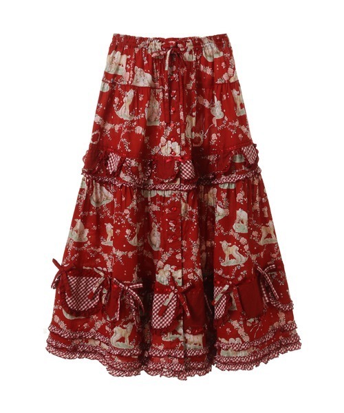 【ピンクハウス】2023年　ロングスカート　ティアード 赤　プリントパッチワーク PINK HOUSE（ピンクハウス）の「ひつじプリントパッチワークスカート