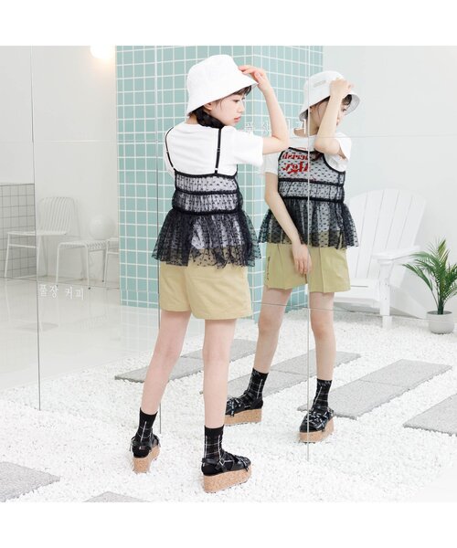 algy（アルジー）の「チュールキャミ付きT&キュロット3点セット（セットアップ・キッズ・ブラック/サックスブルー・X-SMALL/MEDIUM/SMALL/XXX-SMALL/XX-SMALL）」の10枚目の写真