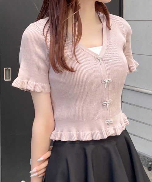 abc une face(アーベーセーアンフェイス)の「ビジューリボンフリルカーディガン(Tシャツ/カットソー・レディース・ホワイト/ピンク/ブラック/ブルー・FREE)」の4枚目の写真