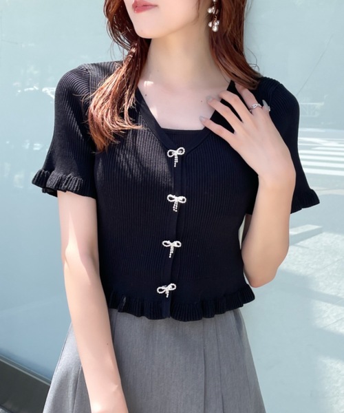 abc une face(アーベーセーアンフェイス)の「ビジューリボンフリルカーディガン(Tシャツ/カットソー・レディース・ホワイト/ピンク/ブラック/ブルー・FREE)」の2枚目の写真