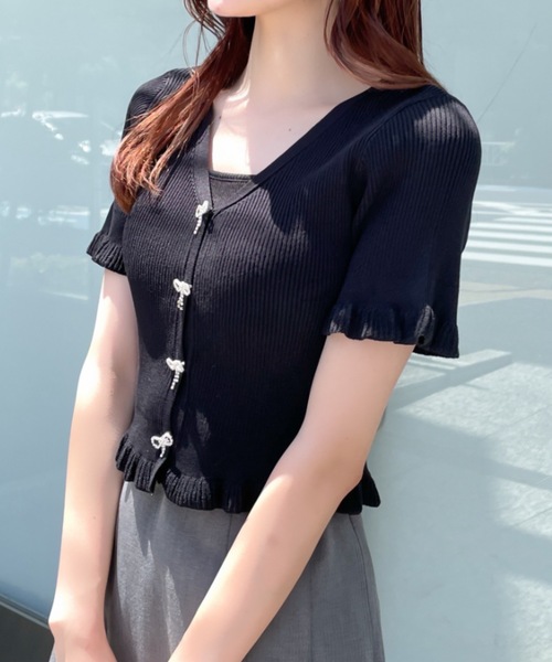 abc une face(アーベーセーアンフェイス)の「ビジューリボンフリルカーディガン(Tシャツ/カットソー・レディース・ホワイト/ピンク/ブラック/ブルー・FREE)」の7枚目の写真