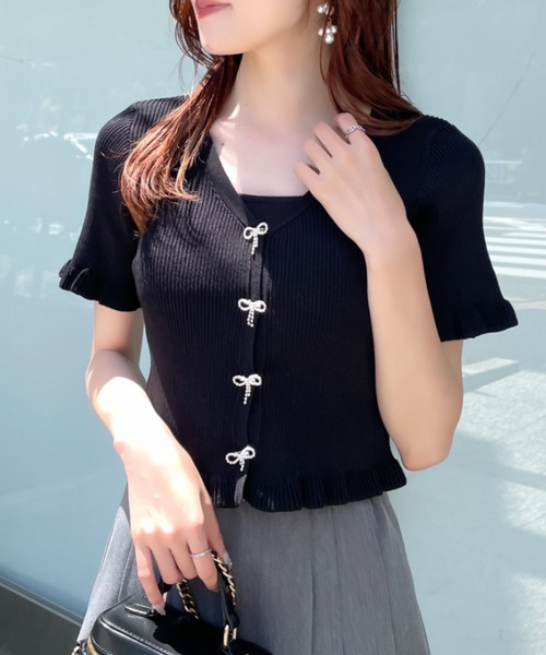 abc une face(アーベーセーアンフェイス)の「ビジューリボンフリルカーディガン(Tシャツ/カットソー・レディース・ホワイト/ピンク/ブラック/ブルー・FREE)」の5枚目の写真