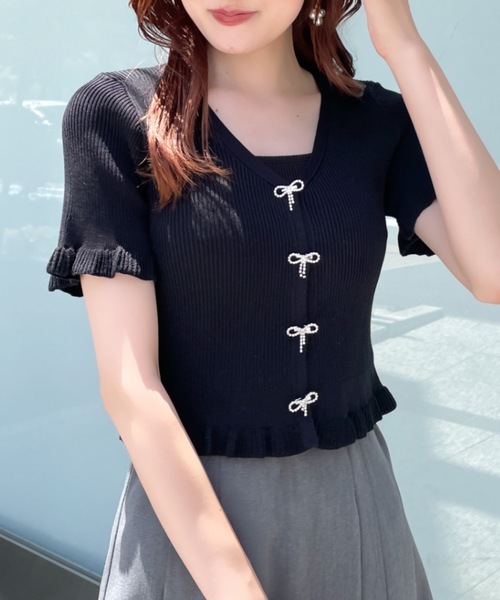 abc une face(アーベーセーアンフェイス)の「ビジューリボンフリルカーディガン(Tシャツ/カットソー・レディース・ホワイト/ピンク/ブラック/ブルー・FREE)」の6枚目の写真