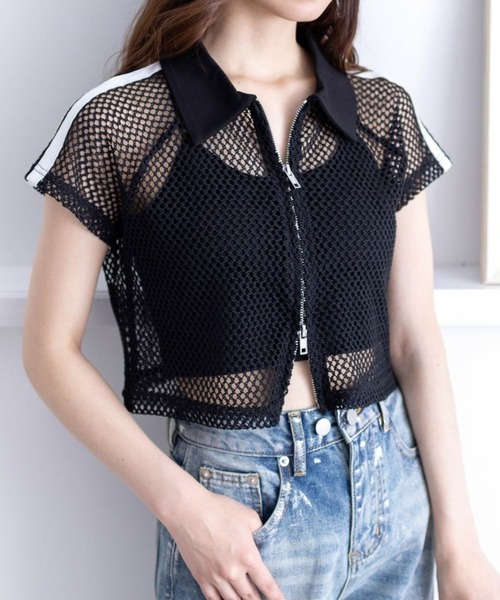 clear（クリア）の「ライン入りダブルジップ半袖メッシュカットソートップス（Tシャツ/カットソー・レディース・アイボリー/ブラック・F）」の2枚目の写真