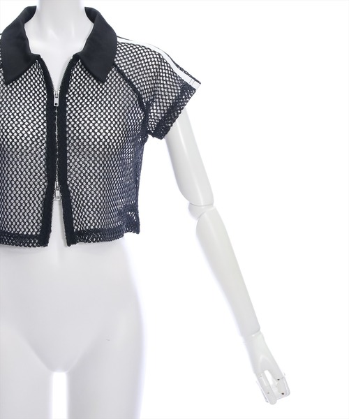 clear（クリア）の「ライン入りダブルジップ半袖メッシュカットソートップス（Tシャツ/カットソー・レディース・アイボリー/ブラック・F）」の5枚目の写真