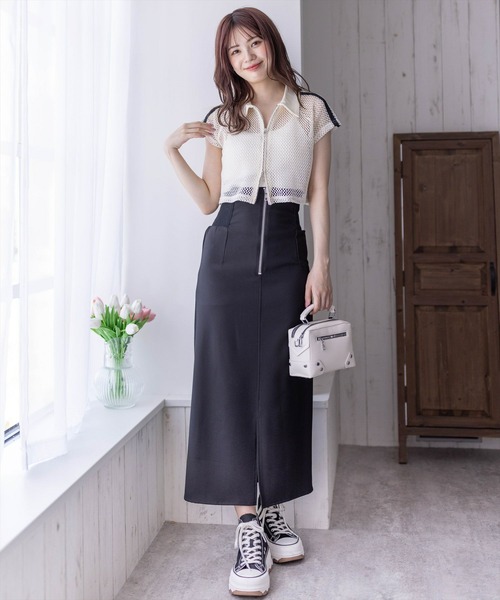 clear（クリア）の「ライン入りダブルジップ半袖メッシュカットソートップス（Tシャツ/カットソー・レディース・アイボリー/ブラック・F）」の12枚目の写真