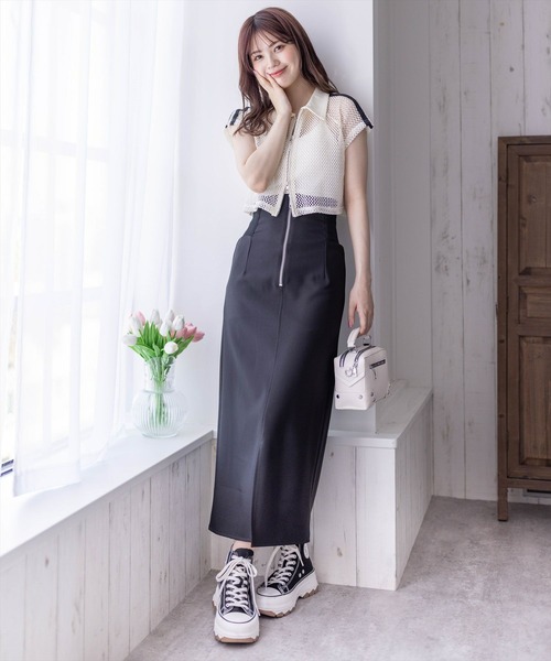 clear（クリア）の「ライン入りダブルジップ半袖メッシュカットソートップス（Tシャツ/カットソー・レディース・アイボリー/ブラック・F）」の13枚目の写真