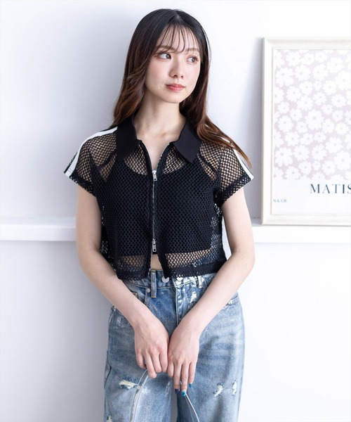 clear（クリア）の「ライン入りダブルジップ半袖メッシュカットソートップス（Tシャツ/カットソー・レディース・アイボリー/ブラック・F）」の14枚目の写真