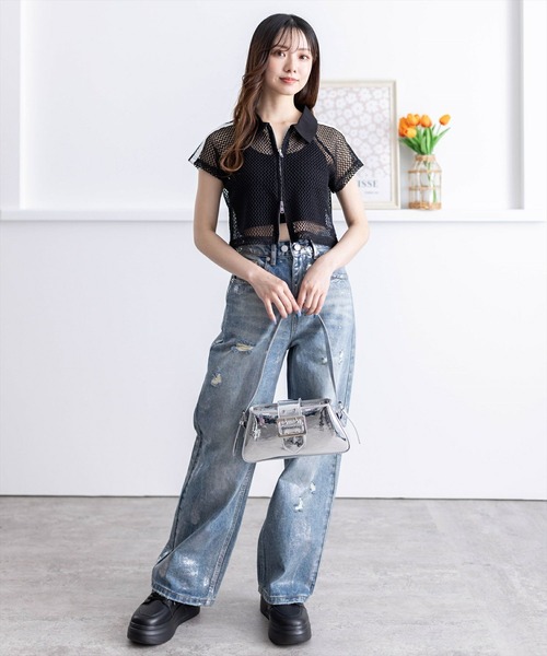 clear（クリア）の「ライン入りダブルジップ半袖メッシュカットソートップス（Tシャツ/カットソー・レディース・アイボリー/ブラック・F）」の15枚目の写真