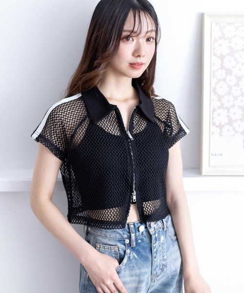 clear（クリア）の「ライン入りダブルジップ半袖メッシュカットソートップス（Tシャツ/カットソー・レディース・アイボリー/ブラック・F）」の19枚目の写真