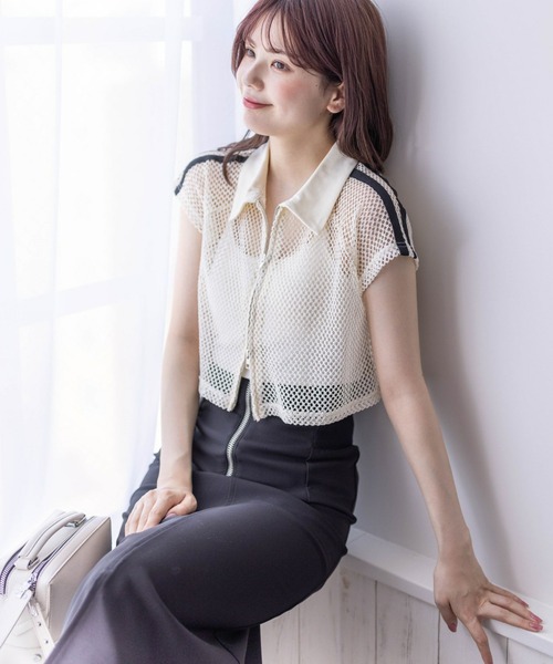 clear（クリア）の「ライン入りダブルジップ半袖メッシュカットソートップス（Tシャツ/カットソー・レディース・アイボリー/ブラック・F）」の18枚目の写真