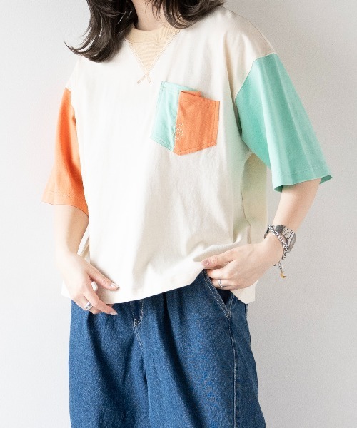 DOUBLE NAME（ダブルネーム）の「配色クレイジーポケTEE（Tシャツ/カットソー・レディース・ブラック系/ホワイト・FREE）」の2枚目の写真