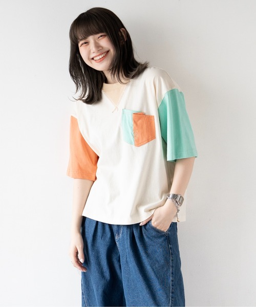 DOUBLE NAME（ダブルネーム）の「配色クレイジーポケTEE（Tシャツ/カットソー・レディース・ブラック系/ホワイト・FREE）」の3枚目の写真