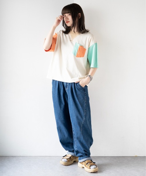 DOUBLE NAME（ダブルネーム）の「配色クレイジーポケTEE（Tシャツ/カットソー・レディース・ブラック系/ホワイト・FREE）」の6枚目の写真