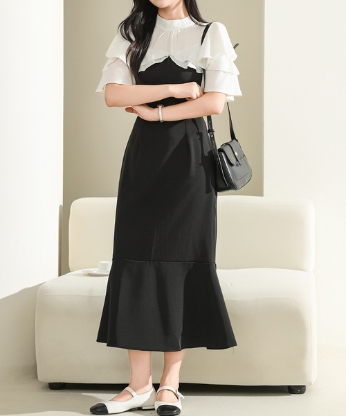 Lace Ladies(レースレディース)の「プチハイネック フリル フェイクレイヤード ロング ワンピース(ワンピース・レディース・アイボリー/ブラック/グレー・S/FREE)」の4枚目の写真