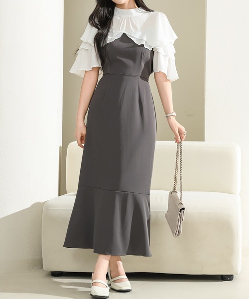 Lace Ladies(レースレディース)の「プチハイネック フリル フェイクレイヤード ロング ワンピース(ワンピース・レディース・アイボリー/ブラック/グレー・S/FREE)」の9枚目の写真