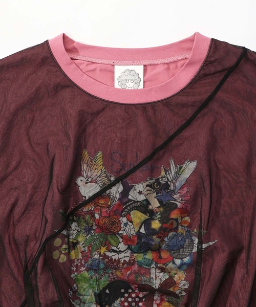 セール】143671：花とアニマル柄チュール重ねプルオーバー（Tシャツ