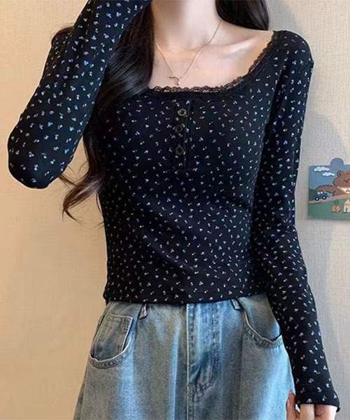 Mayree（メイリー）の「【Mayree】小花柄 レース ヘンリーネック カットソー（Tシャツ/カットソー・レディース・ブラック/アイボリー・LARGE/MEDIUM/SMALL）」の3枚目の写真